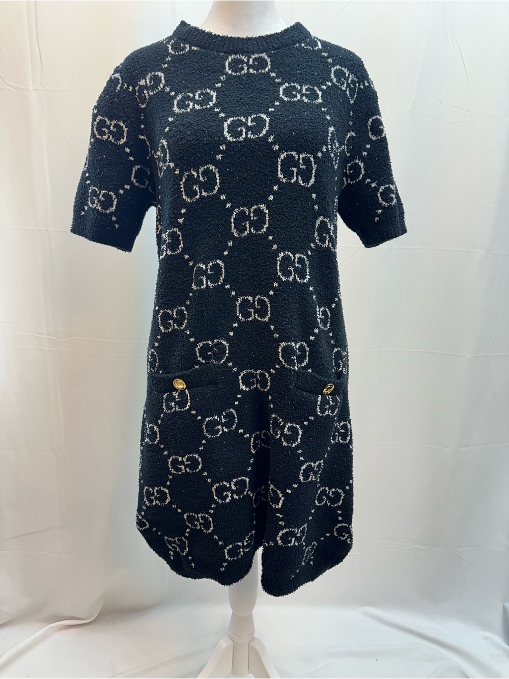 Gucci Black and White GG Wool and Cashmere Bouclé Short Sleeve Dress L NWTS